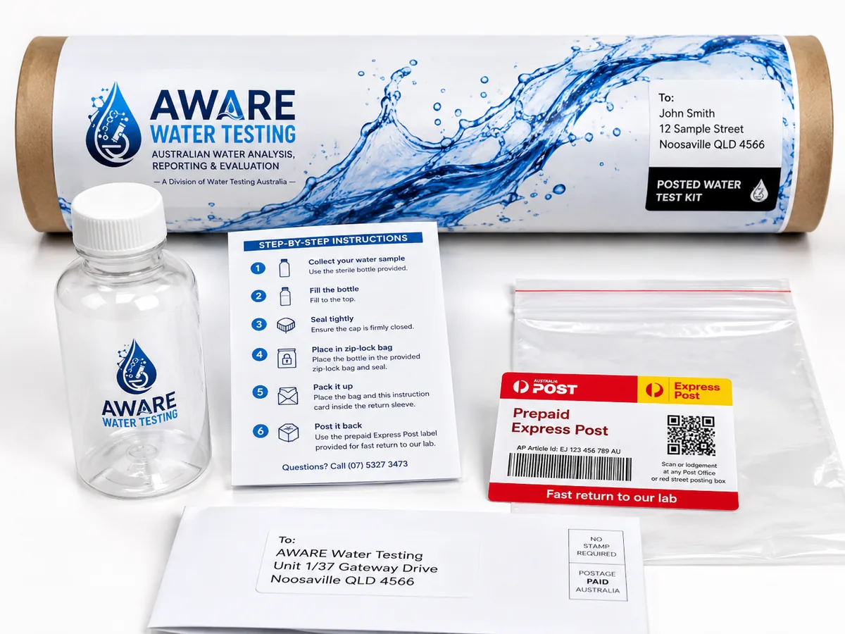 AWARE mail-out water testing kit — sample bottle, prepaid Express Post return label, step-by-step instruction card